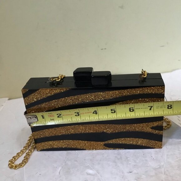 Lulu NYC NEW Zebra Acrylic Box Clutch Glitter Crossbody Shoulder Bag Gold Black - Picture 13 of 16